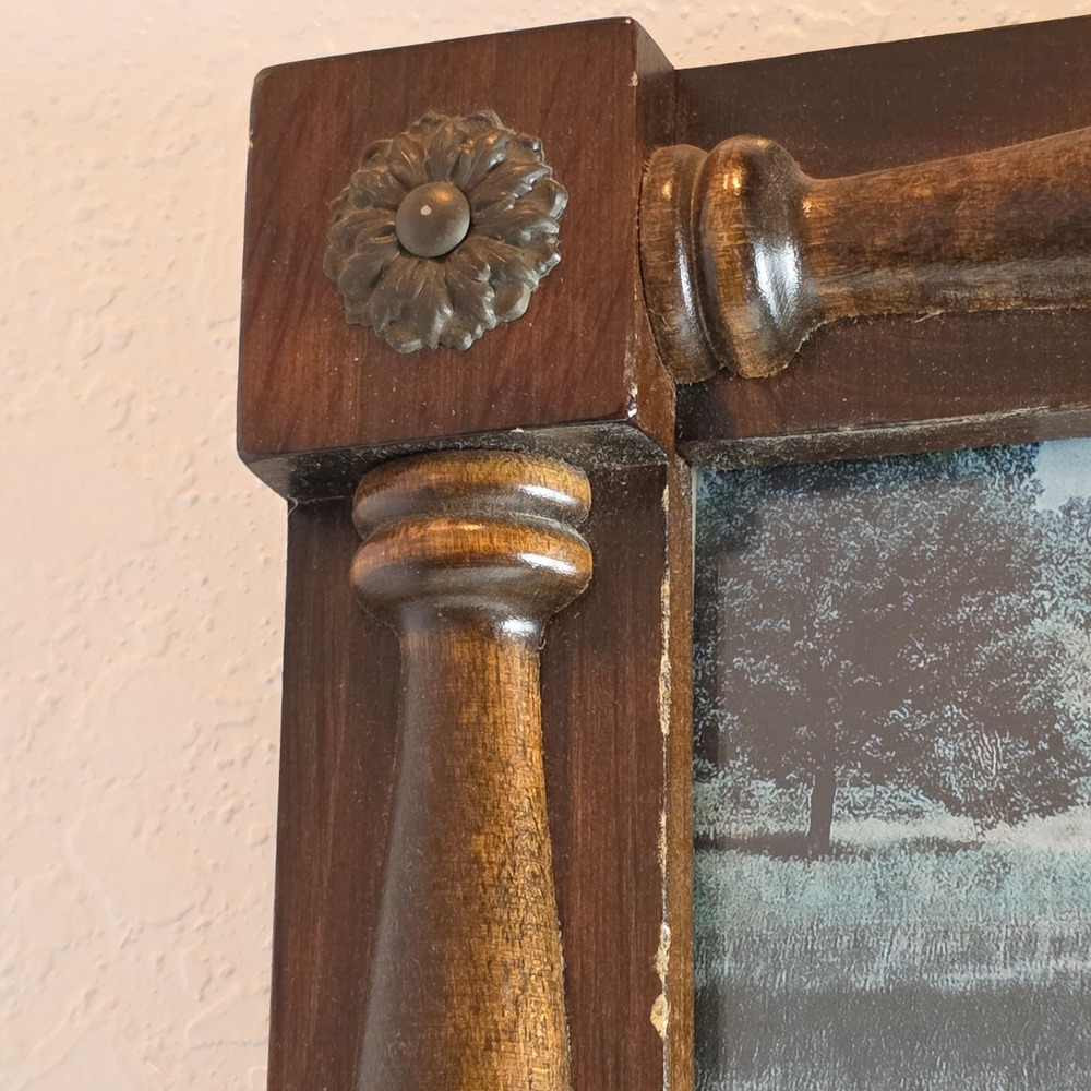 Vintage Rustic Wood Wall Mirror Scenic Duck Nature Print Spindle Frame Rosettes - Picture 5 of 16